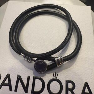 Authentic Pandora, SIZE 19CM. RETIRED Black Leather Double Wrap Bracelet